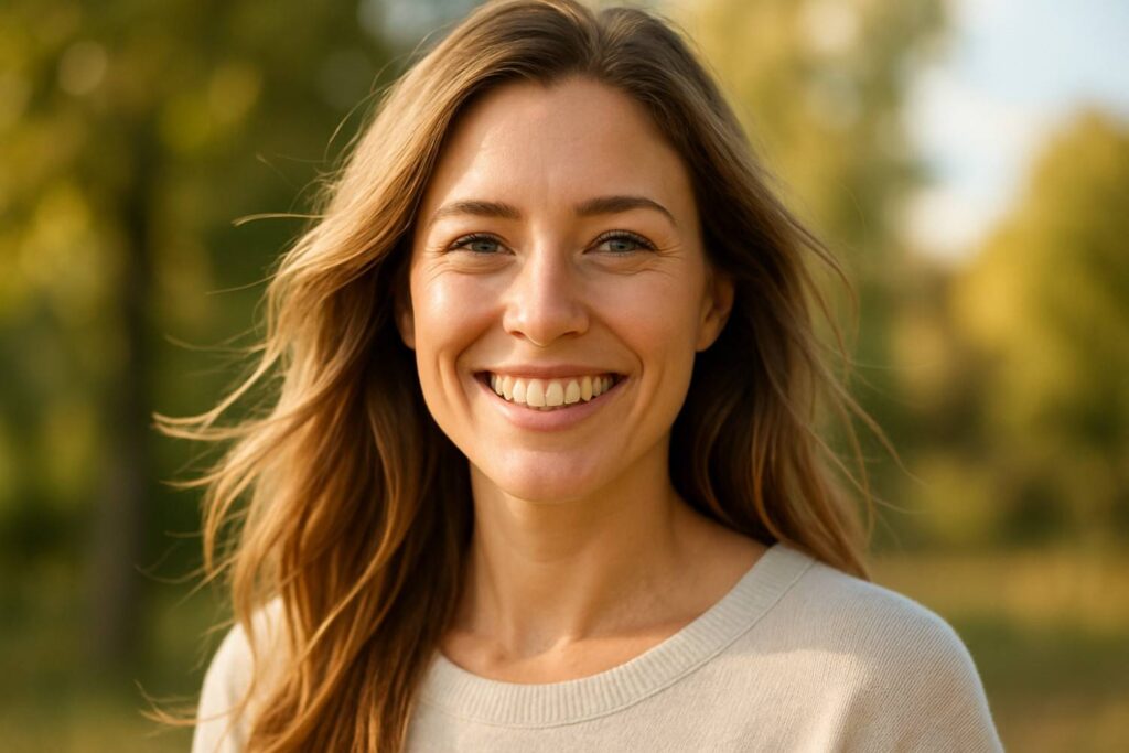 Smiling woman with clear, straight teeth